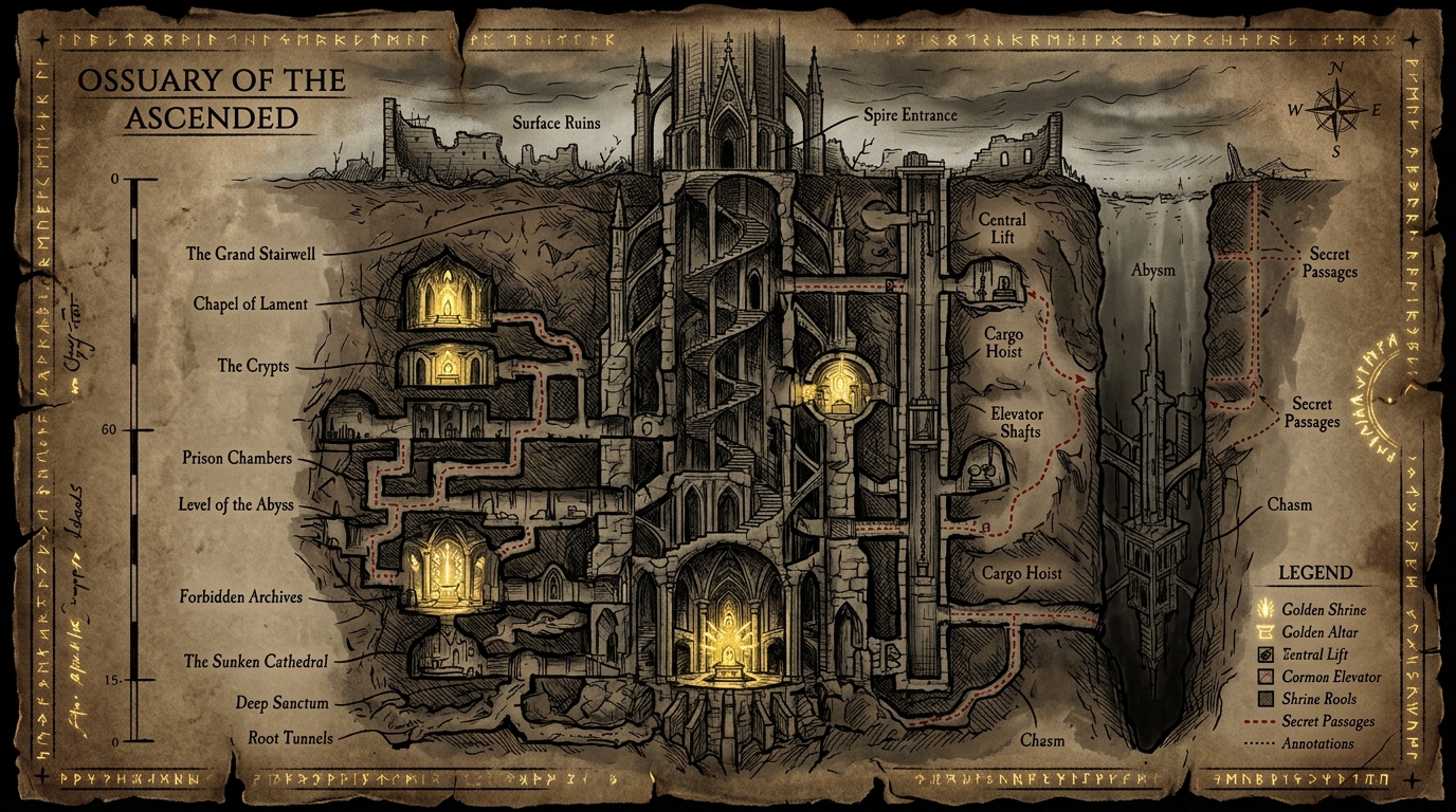 Corte transversal del mapa Metroidvania de The Sunken Spire